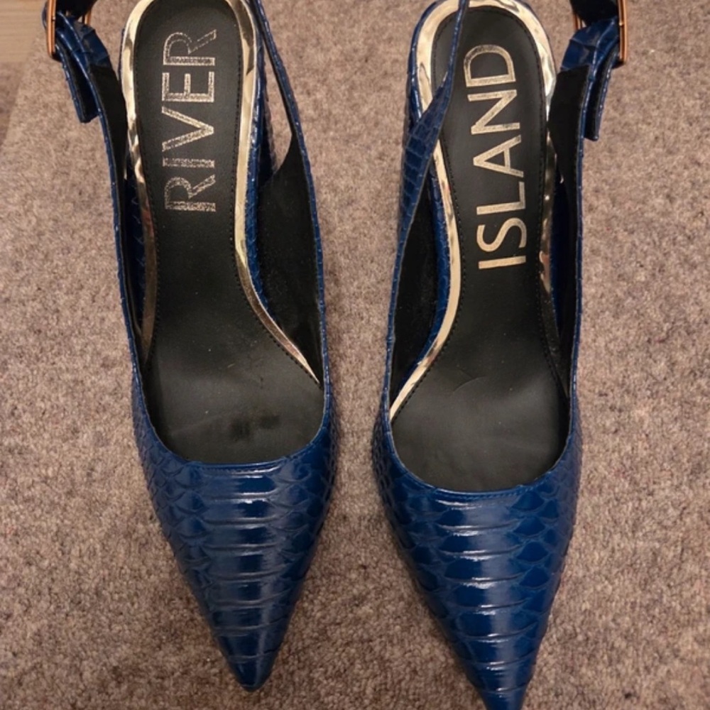 River Island Blue Croc-Effect Slingback Heels